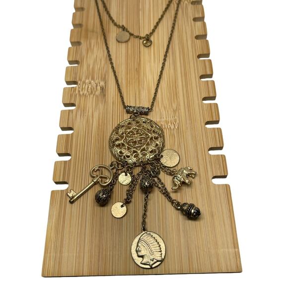 Vintage Open Work Indian Head Pendant Necklace Gold Tone Boho Elephant Disc VTG - Picture 6 of 8